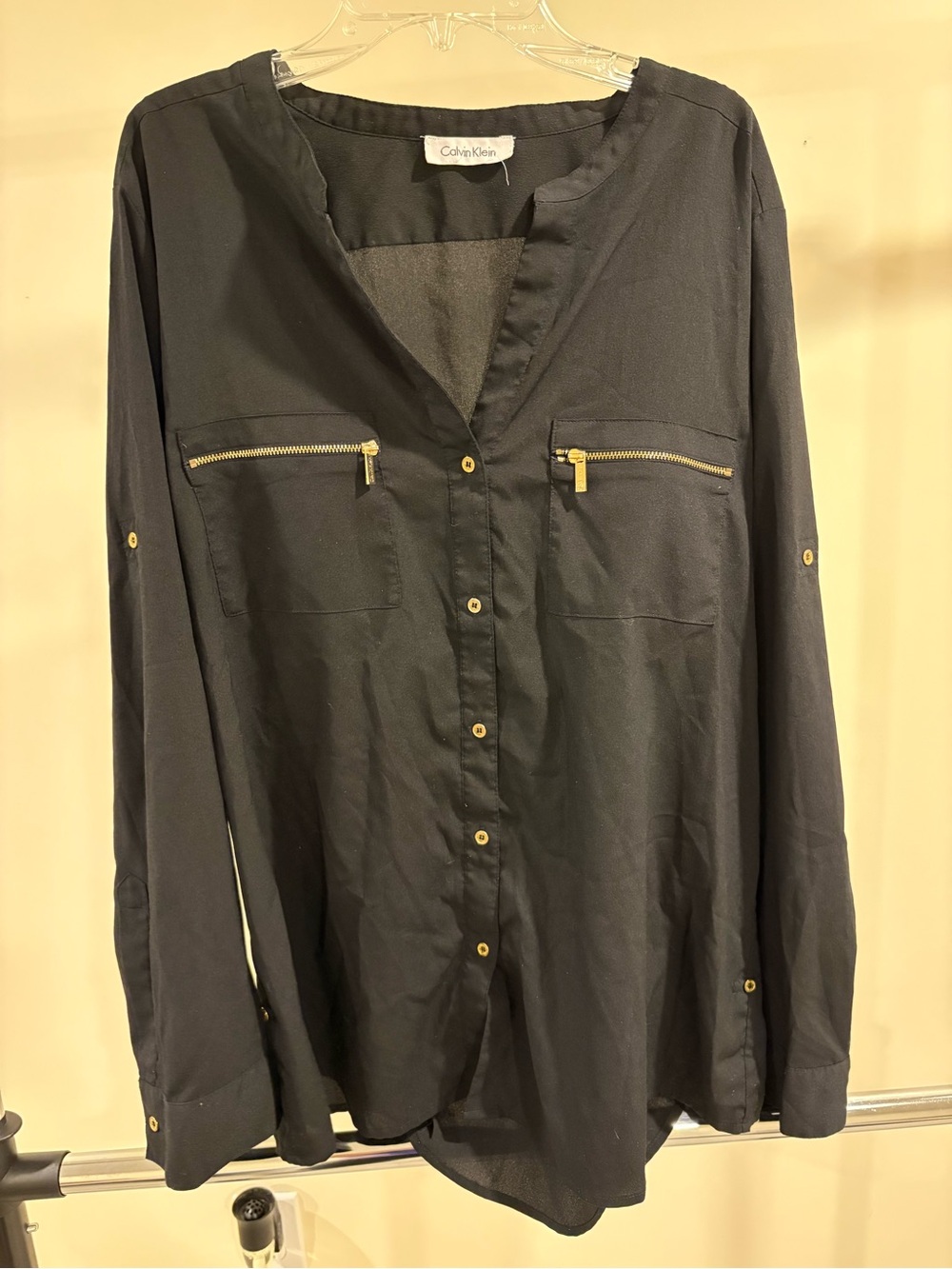 Calvin Klein Black Button-Down Shirt with Gold Zipper Accents